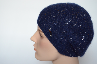 Синий берет вязаный с пайетками Vizio Италия 6943 BO тонкий