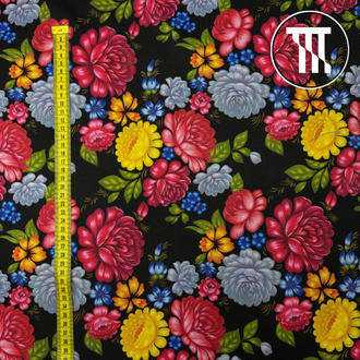 Габардин принт Цветы на черном