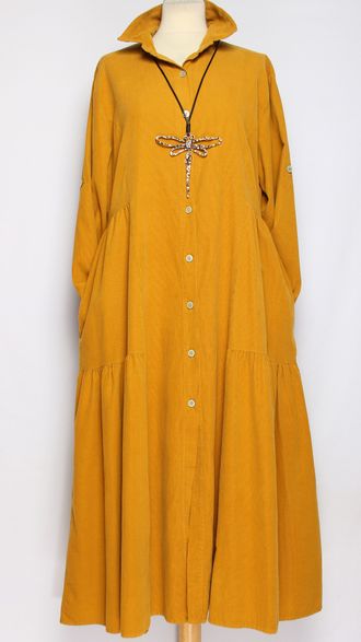 Платье-рубашка Бохо "Вельвет карманы ярусы" горчичное, хаки до р.52