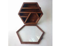 Полочка "Шестиугольник" для камней и минералов со стеклом, цвет "Палисандр" (23,5*20*6,5 см, 600 г) №18921