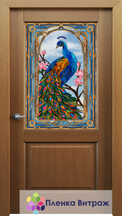Витражная пленка,витражная пленка самоклеющаяся под заказ,пленочный витраж флора с птицами павлинами