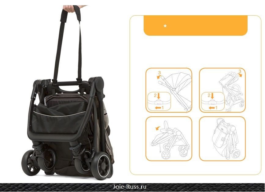 Оснащена удобным ремнём и сумкой-переноской для транспортировки коляски на плече