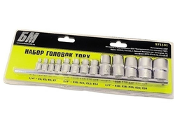 Набор головок внутренний Torx  Е4-Е24 (1/4"- Е4,Е5,Е6,Е7; 3/8"- Е10,Е11,Е12,Е14; 1/2"- Е16,Е18,Е20,Е22,Е24), ,13 предм, на планке