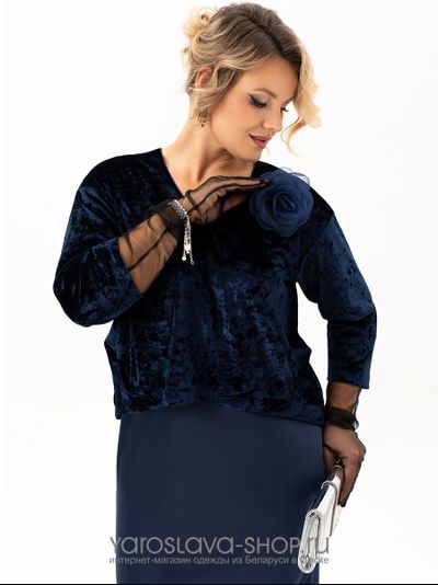 Эффектное бархатное платье-имитация костюма в синем цвете