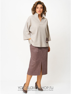 Модель: 3001.Женский 2-х предметный костюм, состоящий из трикотажной туники и юбки из замши