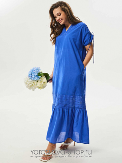 Легкое летнее платье "макси" синего цвета с кулисой на плечах