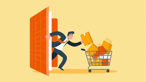 Рисунок предпринимателя перетаскивающего товары из файла в корзину интернет-магазина на Nethouse в о