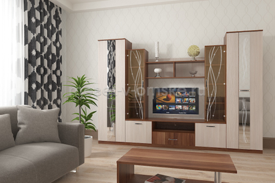 Пенал платяной "Пальмира" в расцветке ясень Шимо Темный-Светлый в интерьере гостиной