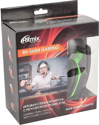 4630032210106	 Наушники  полноразмерные RITMIX RH-560M игровые с микро 2x3.5mm (black - green), с проводом