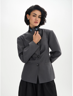 Жакет приталенный с вышивкой (серый)