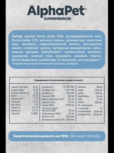 AlphaPet (АльфаПет) Superpremium Monoprotein сухой корм для взрослых собак мелких пород с белой рыбой, 500 г