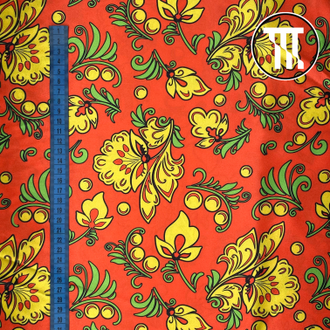 Атлас принт Хохлома на красном