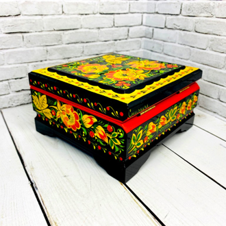 Шкатулка для украшений Цветы черная 120*115 мм деревянная с росписью Хохлома