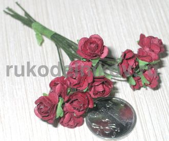 бумажные цветы "Роза", цвет бордовый, 10 мм, 12 шт/уп