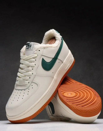 Nike Air Force 1 Low White/Green/Brown с мехом
