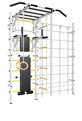 Шведская стенка в квартиру цветная с турником рукоходом, брусьями, скамьей, детскими навесными и канатным лазом с креплением к стене