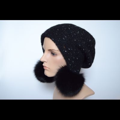 Меланжевая женская шапка ушанка с помпонами Vizio 6924 черная