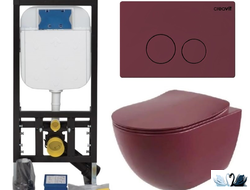 Creavit Set Free Berry Mat -  Комплект 5 в 1 Инсталляция и подвесной унитаз бордового цвета Берри.
