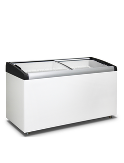 Морозильный ларь крышка гнутое стекло, на четырех колесиках, терморегулятор на лицевой панели.