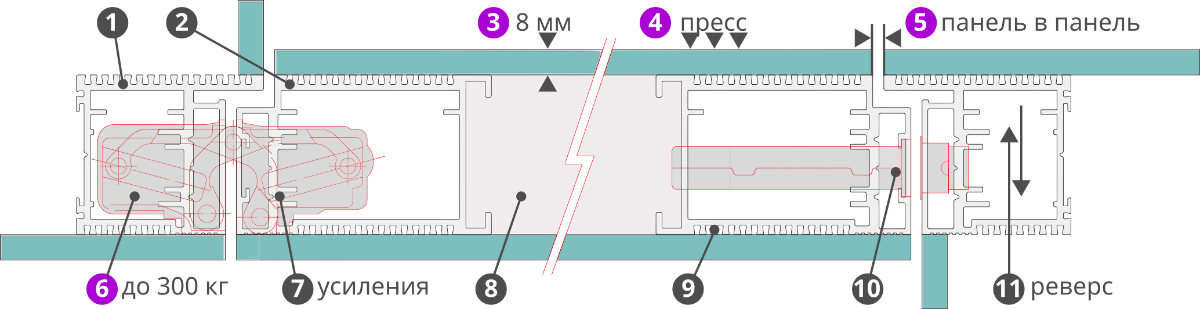 AP-PHa8 алюминиевый профиль для дверей скрытого монтажа - схема в разрезе