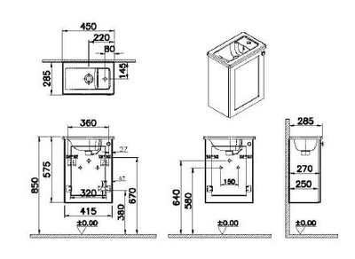 Модуль с квадратной раковиной, Vitra Root Classic, 45 см, с дверцей, матовый белый, левосторонний, 68603