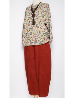 Брюки Бохо "Бананы вельвет строчки" красные р.46-52