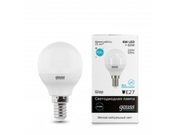 Лампа светодиодная Gauss Elementary Шар G45 E14 6W(450lm) 4100K 4K 82x45 матовая, пластик/алюм. 53126