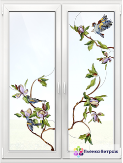 Витражная пленка, витражная пленка самоклеющаяся под заказ,пленочный витраж флора с птицами