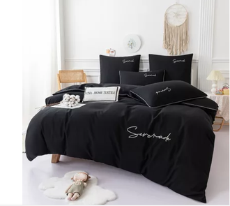 Однотонный сатин постельное белье цвет черный  с вышивкой 1.5 спальный размер