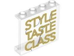 Panel 1 x 4 x 3 with Side Supports - Hollow Studs with 'STYLE TASTE CLASS' Neon Sign Pattern, Trans-Clear (60581pb193 / 6345179)