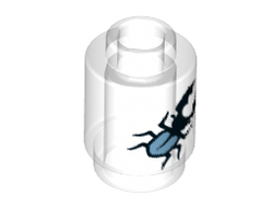 Brick, Round 1 x 1 Open Stud with Black and Metallic Light Blue Stag Beetle Pattern, Trans-Clear (3062bpb052 / 6179585 / 6230179)