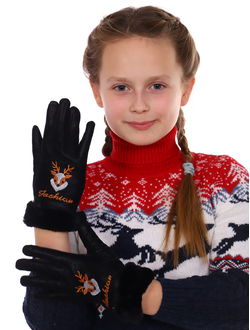 Перчатки детские черные с оленем