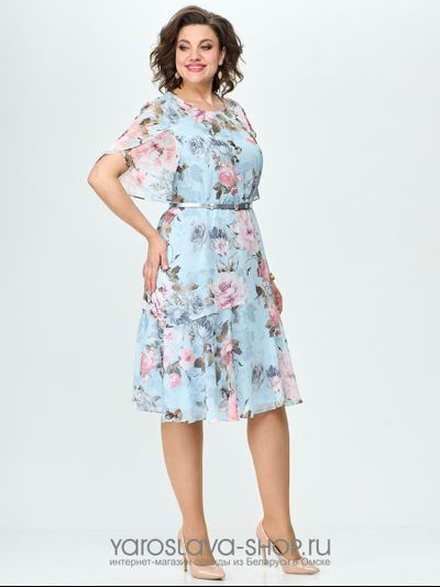 Модель :2321. Женское  шифоновое платье с цветочным принтом в голубом цвете