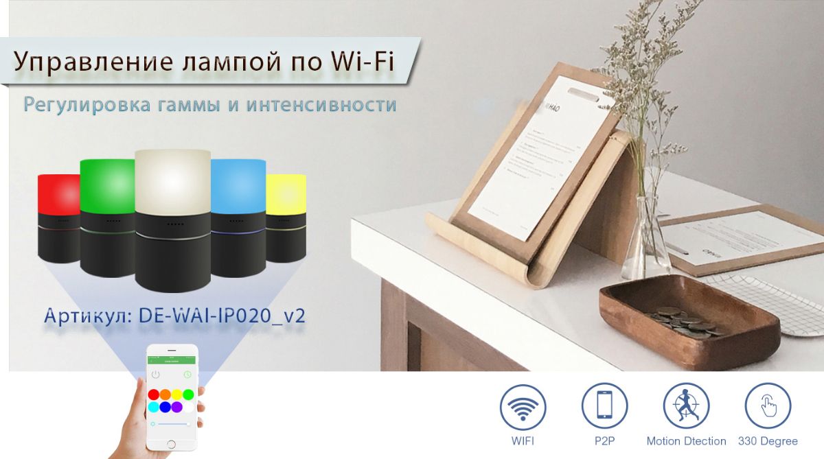 Мотризированная IP видеоняня WiFi (Настольная лампа с димированием света и выбором цвета подсветки) 