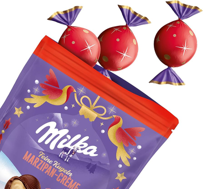Новогодние шоколадные яйца конфеты Milka Feine Kugeln Marzipan Creme