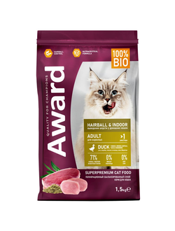 AWARD (Авард) Hairball & Indoor, сухой корм для кошек для выведения шерсти, Утка, Курица 1.5 кг