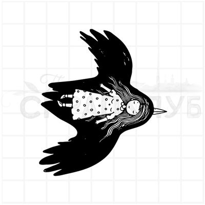 штамп девочка спит на черной летящей птице