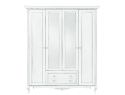 Шкаф 4 дверный с зеркалами Неаполь, Белый/Патина Серебро без структуры дерева