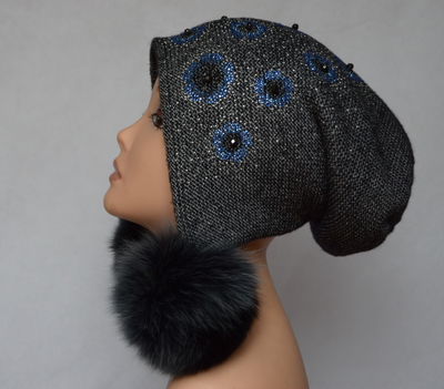 Шапка ушанка с украшениями стразами Vizio Италия 5342 антрацит