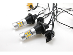 Лампа светодиодная двухрежимная LED T20 (7440) 28 SMD (2835+3030) с линзой (Белый+Желтый), с резистором и проводкой, комплект (2шт)