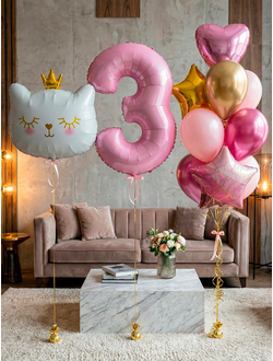 Набор шаров на 3 годика с кошечкой в короне