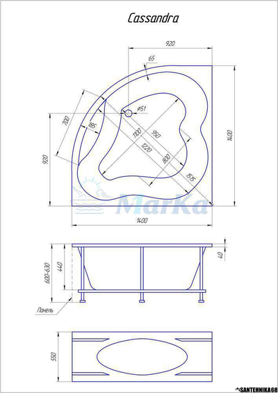 Ванна акриловая угловая 1Marka CASSANDRA 140x140 на раме + панель в комплекте снят с производства