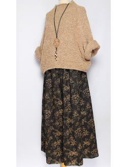 БРЮКИ-ЮБКА джинс-гобелен "БЕЗ КАРМАНОВ" букетики цветов черные, синие р.46-54