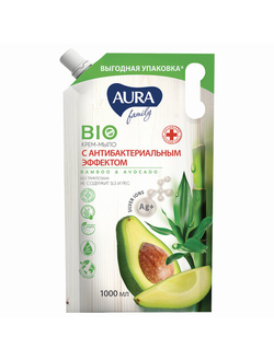 Мыло-крем с антибактериальным эффектом 1 л AURA "Бамбук и авокадо", без триклозана, дой-пак, 10199