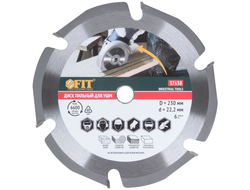 Диск пильный по дереву, посадочный диаметр 22,2 мм, 6 зубьев с карбидными вставками, 230 мм FIT, 37638