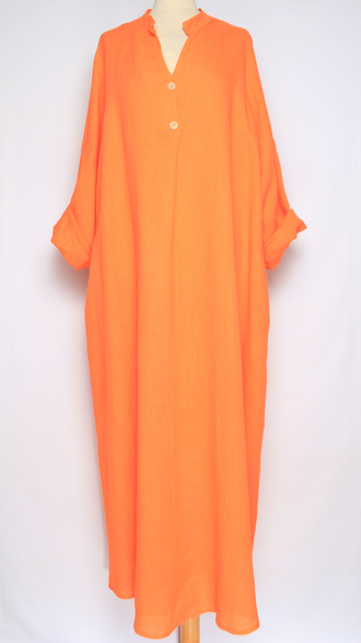 ПЛАТЬЕ БОХО ЛЬНЯНОЕ "СТОЙКА ЗАЩИП ПУГОВИЦЫ"  бежевое, хаки, черное, салатное, яблоко, апельсин, желтое  до р.54