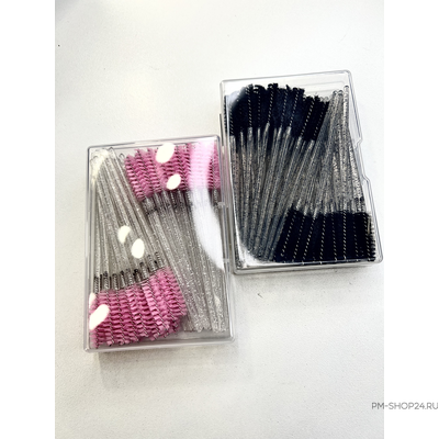 Щёточки для бровей розовые с блестками в кейсе, 50 шт.