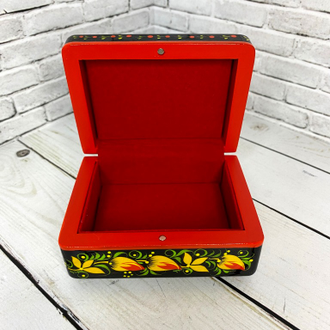 Шкатулка для украшений Цветы черная 90*70 мм деревянная с росписью Хохлома