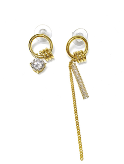 (АРТИКУЛ: 8963/42) СЕРЬГИ ЖЕНСКИЕ, АССИМЕТРИЧНЫЕ, ЗОЛОТИСТЫЙ МЕТАЛ, СТРАЗЫ, КРИСТАЛЛ