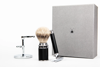Бритвенный набор Muehle Traditional, черный хром, барсучий ворс высшей категории Silvertip, Т-образная бритва